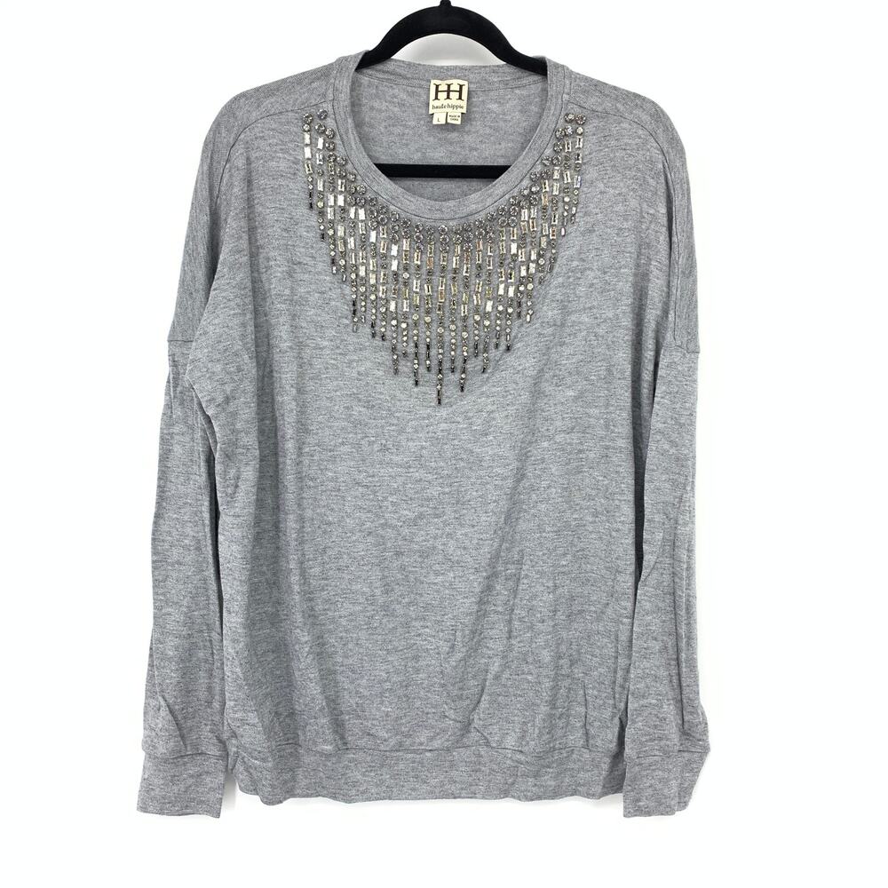 Haute Hippie Sweater Womens Large Gray Crystal Fringe Bib Fine Knit Scoop Neck